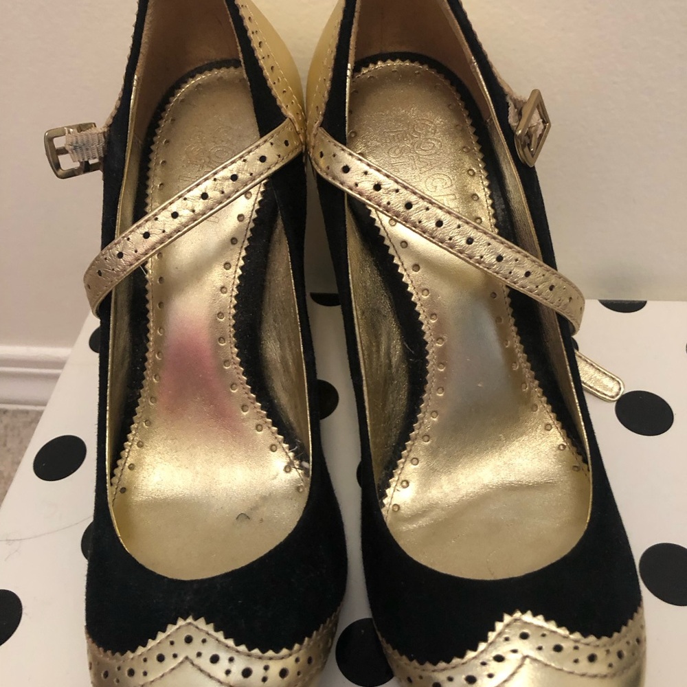 Coach Black Suede and Gold Metallic Leather Mary Jane Heels Size 5.5